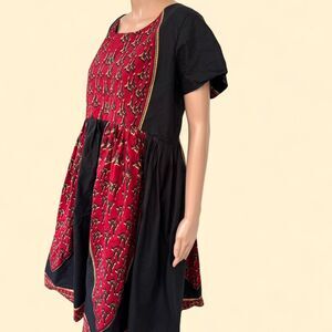 African Bird Print Short Slv Mini Dress Black Red 44 40 XXL XL